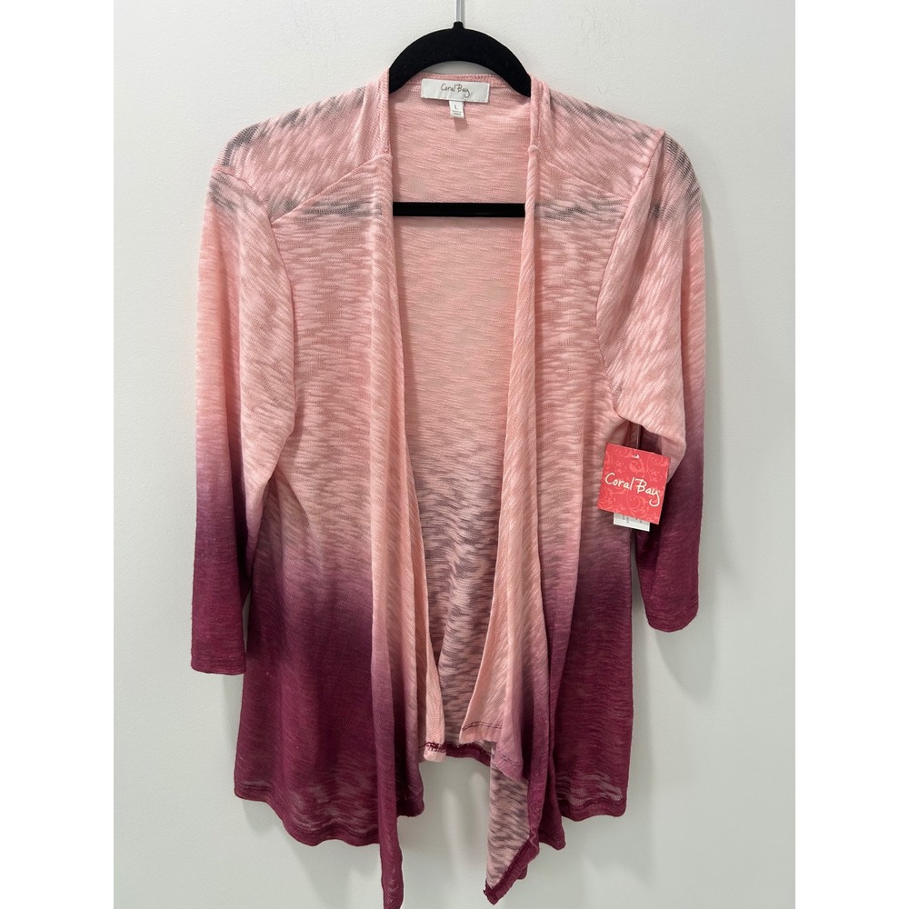 Coral Bay Pink Purple Ombre Open Front Cardigan Slub Knit 3/4 Sleeve Large NWT